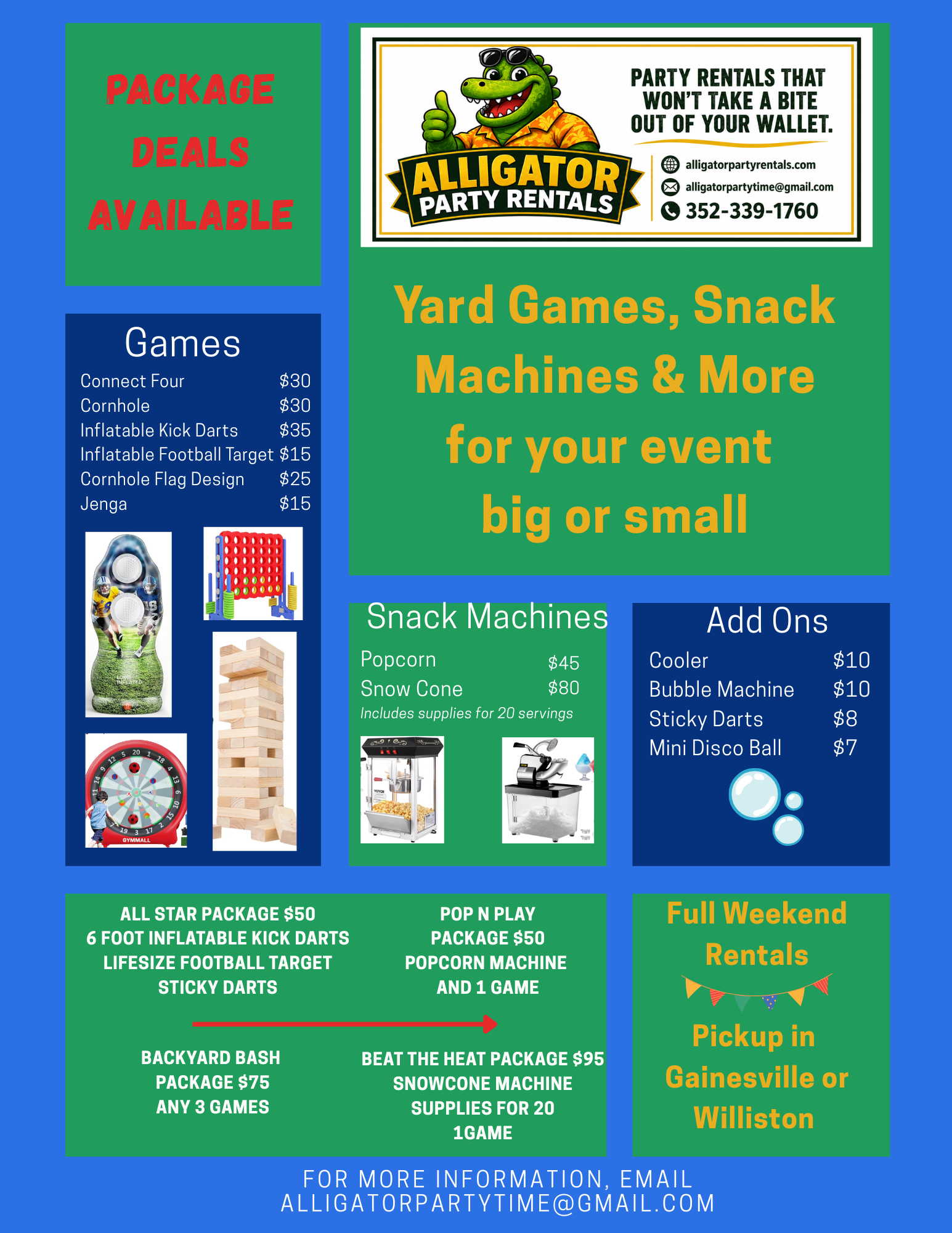 Alligator Party Rentals package deals flyer with yard games, snack machines, add-ons, and contact details.